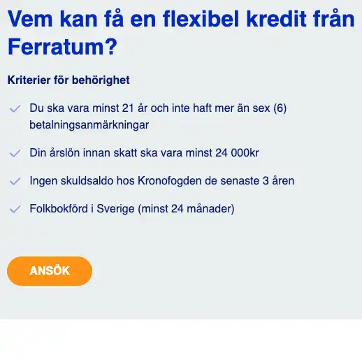 En skärmdump från produktsidan för Ferratum kredit som framhäver att de är transparenta med deras grundkrav för låntagare.