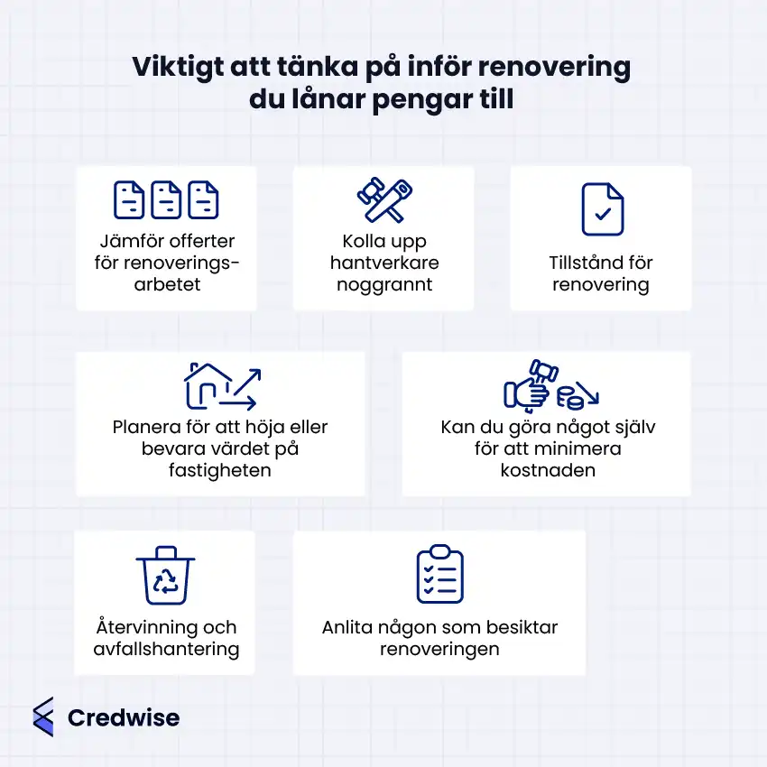 Tips på saker som är viktiga att tänka på inför renovering: jämför offerter, kolla upp hantverkare, tillstånd, planera frö värdehöjning, planera för saker att göra själv, återvinning och besiktning.